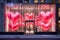 Modern storefront adorned with large red heart decorations for Valentine& x27;s Day