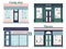 Modern stores set. Candy shop facade and urban book store. Local retail pharmacy and flowers boutique. Outdoor storefront vector