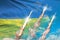 Modern strategic rocket forces concept on blue sky background, Ukraine supersonic warhead attack - military industrial 3D