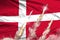 Modern strategic rocket forces concept on flag fabric background, Denmark supersonic warhead attack - military industrial 3D