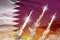 Modern strategic rocket forces concept on sunset background, Qatar ballistic warhead attack - military industrial 3D illustration