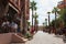 Modern street in Marrakesh with shops, palm trees and pedestrians