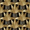 Modern striped flowers seamless pattern. Vector black floral background with gold 3d flowers, lines, oval striped shapes in