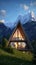 modern style architecture of chic minimalist tiny wooden house at Italian Alps. AI Generated