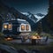 Modern Style Caravan in Mountains, Traveling and Camping Concept Background, Generative AI