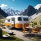 Modern Style Caravan in Mountains, Traveling and Camping Concept Background, Generative AI