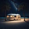 Modern Style Caravan On Ocean Sea Beach, Traveling and Camping Concept Background, Generative AI