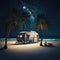 Modern Style Caravan On Ocean Sea Beach, Traveling and Camping Concept Background, Generative AI