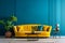 Modern style living room yellow button back sofa with cushings and round wireframe coffee table with side plants Generative AI