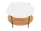 Modern style oval end table with brass metal base, marble top and wooden shelve. 3d render