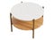 Modern style round coffee table with brass metal base, marble top and wooden shelve. 3d render