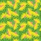 Modern style seamless pattern with random yellow daisy flower elements. Green background. Bloom print