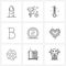 Modern Style Set of 9 line Pictograph Grid based communication, text, start, strong, measure