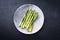 Modern style traditional barbecued green asparagus with herbs on a design plate