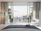 Modern style white bedroom with large open door overlooking city view 3d render