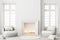 Modern style white living room Furnished with a minimal fireplace with flames and white fabric lounge chair 3d render