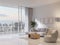 Modern style white living room with large open door overlooking city view 3d render