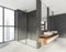 Modern stylish hotel bathroom interior, shower cabin and two sinks with mirror. Concrete floor. Wooden decor elements. Panoramic