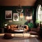 Modern stylish interior of living room with brown leather sofa, green walls, and potted plants. Generative AI