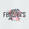 Modern and stylish lettering for `Flowers` word merging with a floral composition with pink flowers and green and red leaves.