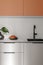 Modern stylish Scandinavian kitchen interior in grey and terracotta shades with black sink, black vase