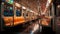 Modern subway train speeding through underground, illuminating blue glass reflection generated by AI