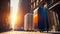 Modern suitcases stand in front of the entrance to a business center or exclusive hotel. Close-up of travel luggage.