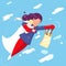 Modern super hero mother flying sky clowds child in hand character flat design vector illustration