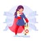Modern super hero mother shopping child in hand character shop background flat design vector illustration