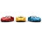 Modern super sports cars in primary colors - red, yellow and blue - front view