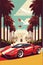 Modern supercar minimalist retro poster, car in front of a villa, hotel with palm trees