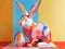 Modern take on Easter bunny and Easter eggs. Polygonal bunny, bright colors. Happy Easter background