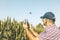 Modern technological farmer analyzing the growth of corn by flying a drone