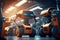 modern technologically advanced robots assemble cars in large bright workshop of automotive industry