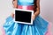 Modern technologies. Computer tablet. Blue dress
