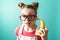 Modern technology: A teenager girl in funny glasses uses a yellow banana as a phone.