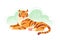 Modern tiger Flat postcard. Cartoon Animal colorful trendy illustration. Greeting card, banner, poster. Jungle orange