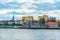 Modern town of Fredrikstad viewed across river Glomma, Norway