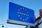 Modern Traffic road sign on blue with EU stars Slovenija