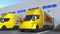 Modern trailer trucks with DHL logo being loaded or unloaded at warehouse. Logistics related loopable 3D animation