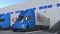 Modern trailer trucks with eBay logo being loaded or unloaded at warehouse. Logistics related loopable 3D animation