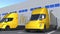 Modern trailer trucks with McDonald\'s logo being loaded or unloaded at warehouse. Logistics related loopable 3D