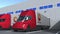 Modern trailer trucks with PetroChina logo being loaded or unloaded at warehouse. Logistics related 3D rendering