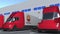 Modern trailer trucks with PetroChina logo being loaded or unloaded at warehouse. Logistics related loopable 3D