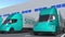 Modern trailer trucks with Siemens logo being loaded or unloaded at warehouse. Logistics related 3D rendering