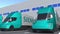Modern trailer trucks with Siemens logo being loaded or unloaded at warehouse. Logistics related loopable 3D animation