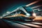 Modern train at high speed at night. Electric passenger train drives at high speed among urban landscape, Generative AI
