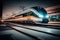 Modern train at high speed at night. Electric passenger train drives at high speed among urban landscape, Generative AI