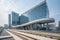modern train station with sleek architecture and clean lines, surrounded by bustling city