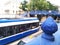 Modern tram in the city, cobblestones and bushes behind the fence. urban public transport. the city without private cars is clean